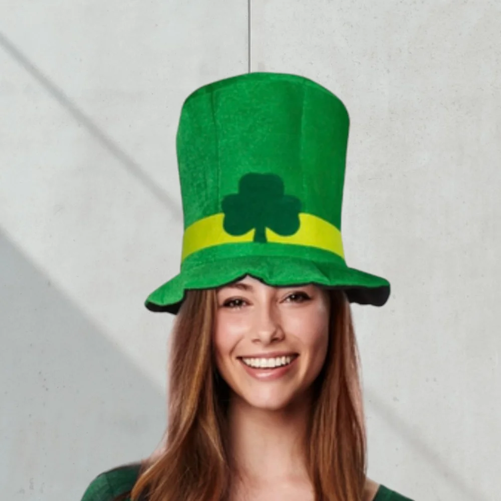 St. Patrick's Green Velvet Shamrock Top Hat - Festive Felt, New